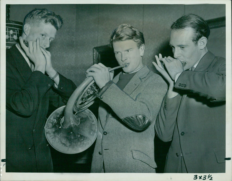 Three musicians play harmonica and French horn at a school. - Vintage Photograph