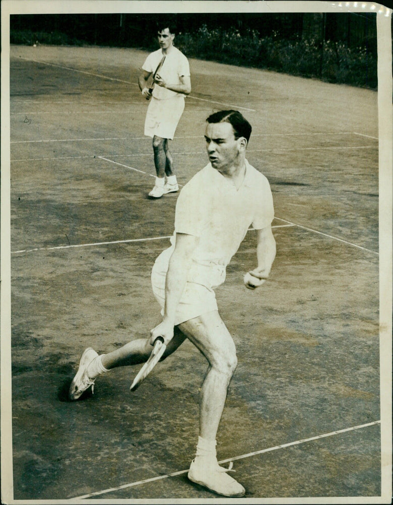 Oxford students Prenn and Shiel competing in a doubles tennis match. - Vintage Photograph