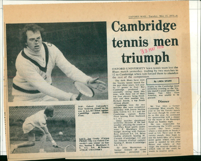 Cambridge University's tennis team triumphs against Oxford University in the Varsity match on May 13, 1975. - Vintage Photograph