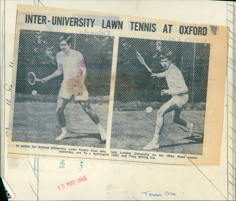 Oxford University Lawn Tennis Club players To y Symington and Tony Billing ton in action. - Vintage Photograph