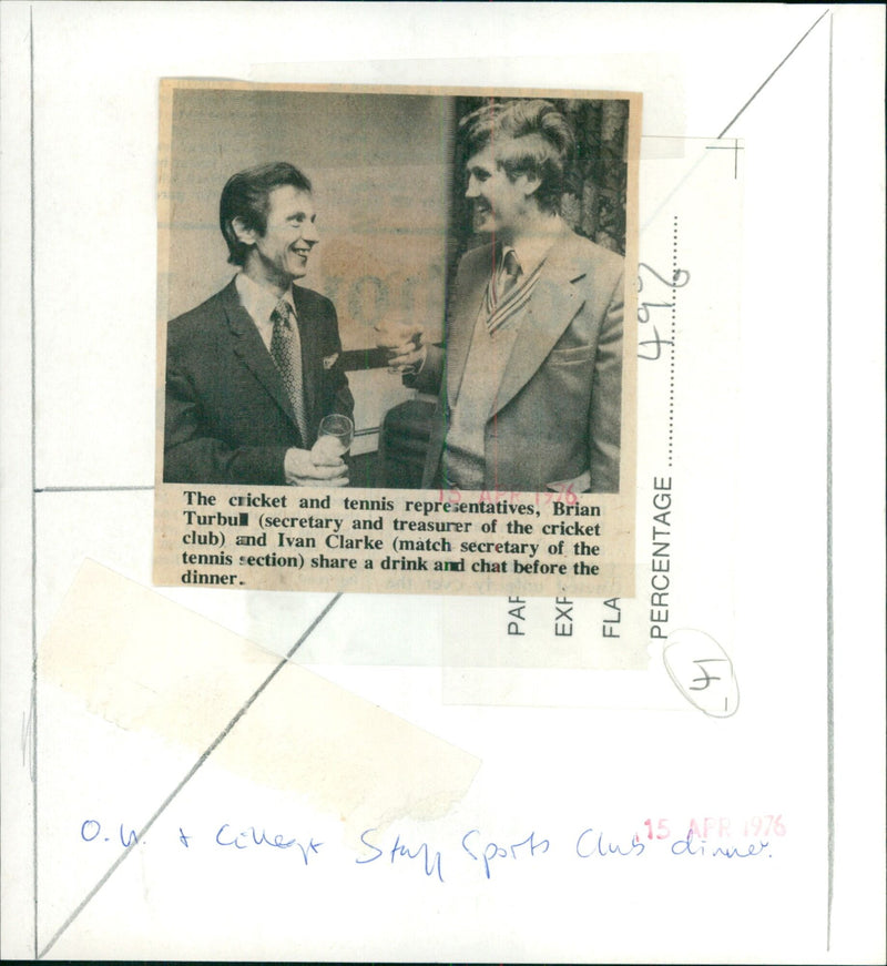 Brian Turbul and Ivan Clarke share a drink before the dinner. - Vintage Photograph