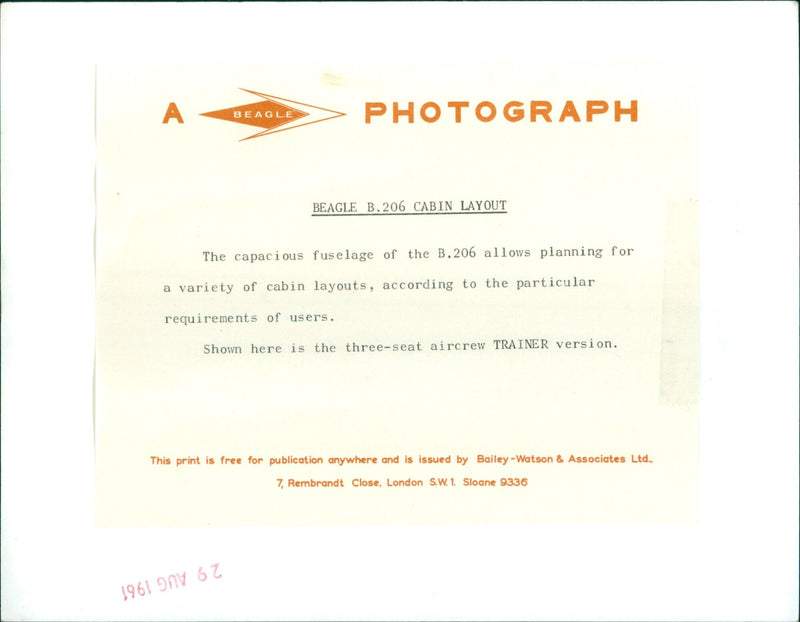 The B.206 Beagle aircraft cabin layout in its three-seat aircrew trainer version. - Vintage Photograph