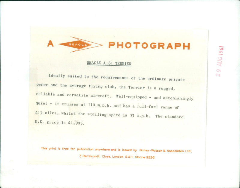 A Beagle A.61 Terrier aircraft is seen on the runway, demonstrating its reliability, versatility, and quiet cruising capability. - Vintage Photograph