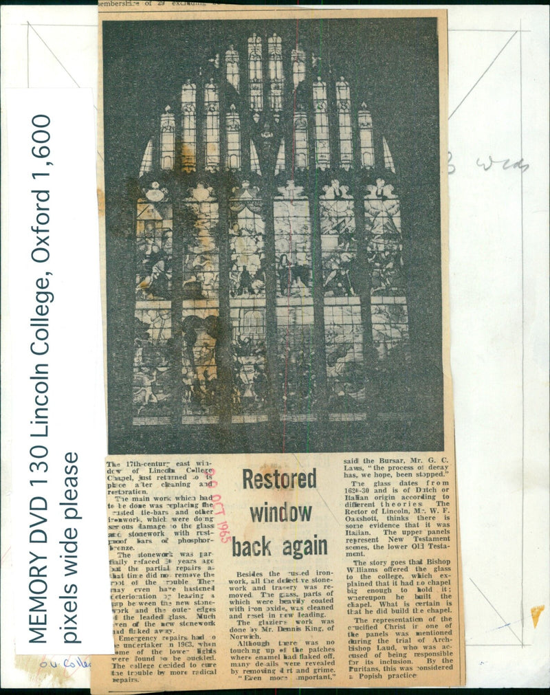 The 17th-century east window of Lincoln College Chapel in Oxford, England, is back in its place after three years of cleaning and restoration. - Vintage Photograph