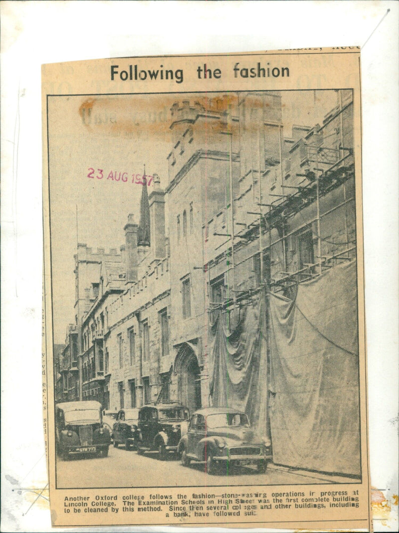 Stone-spraying operations in progress at Lincoln College, Oxford. - Vintage Photograph