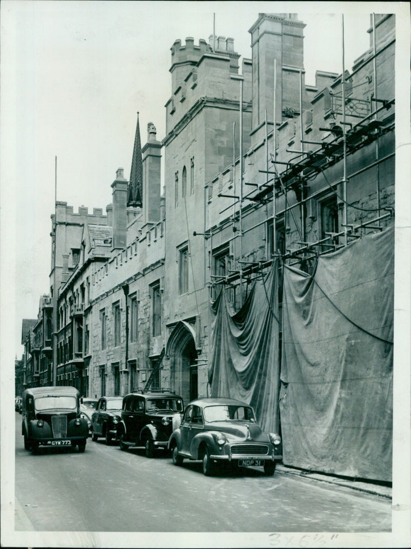 Stone-spraying operations in progress at Lincoln College, Oxford. - Vintage Photograph