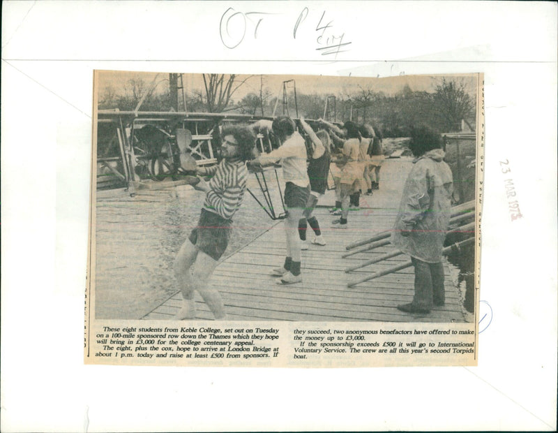 Eight students from Keble College embark on a 100-mile sponsored row down the Thames to raise money for the college's centenary appeal. - Vintage Photograph