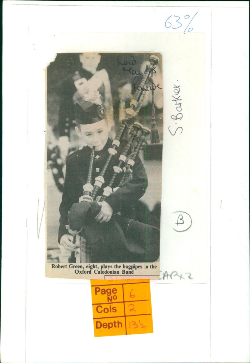 Robert Green, 8, plays the bagpipes with the Oxford Caledonian Band. - Vintage Photograph