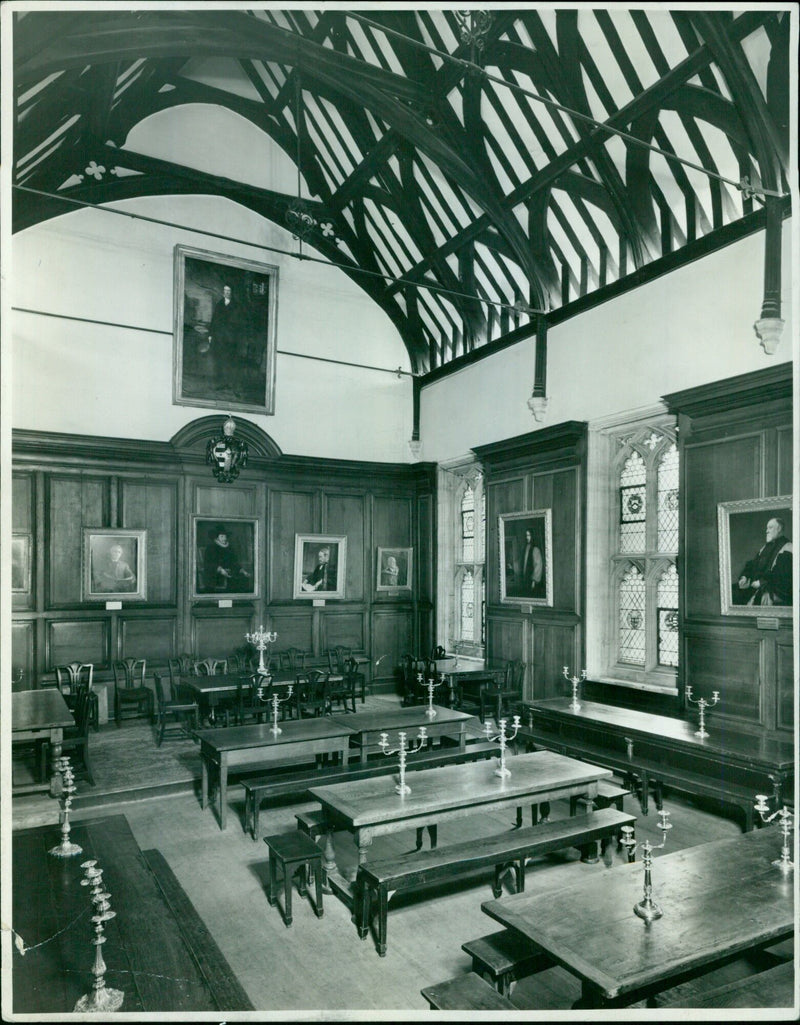 Students walking in the Hall of Lincoln College, Oxford. - Vintage Photograph