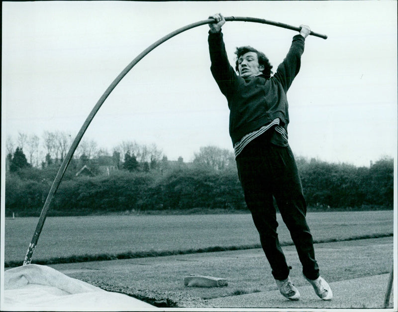 C Crispin Heath of St. Peter's College training for pole vault event. - Vintage Photograph