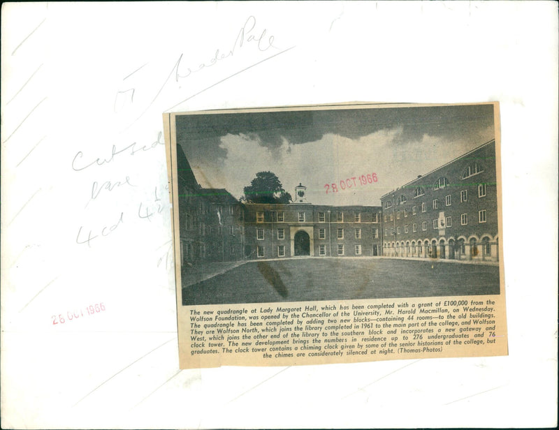 The Chancellor of the University, Mr. Harold Macmillan, opens the newly-completed quadrangle at Lady Margaret Hall, which was funded by a £100,000 grant from the Wolfson Foundation. - Vintage Photograph