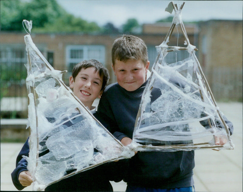 Primary school pupils Mark Bayley and William Palmer create lanterns for a summer festival. - Vintage Photograph