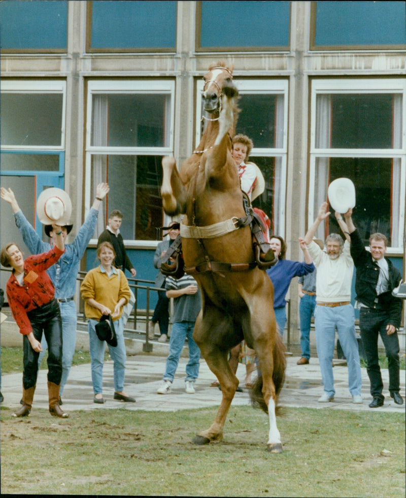 A man sits atop a horse in a rural setting. - Vintage Photograph