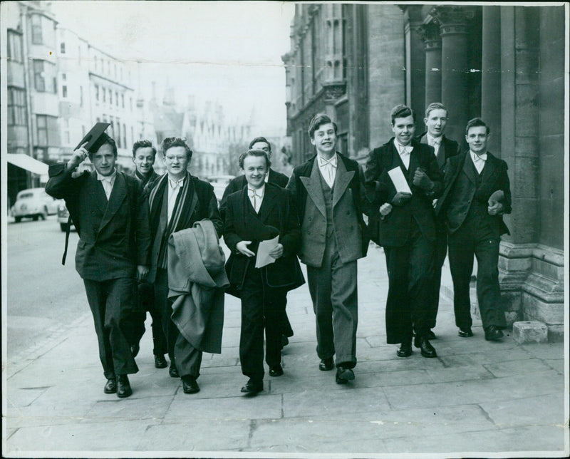 Three Oxford undergraduates in high spirits after leaving the Examinations Schools. - Vintage Photograph