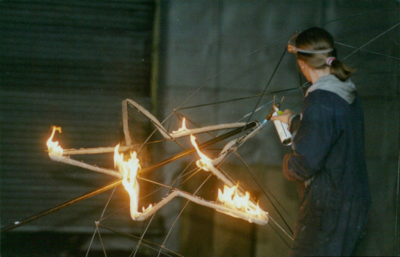 Neil Walker and Sarah Kenchington create fire sculptures for the Ox Millenium Fest. - Vintage Photograph