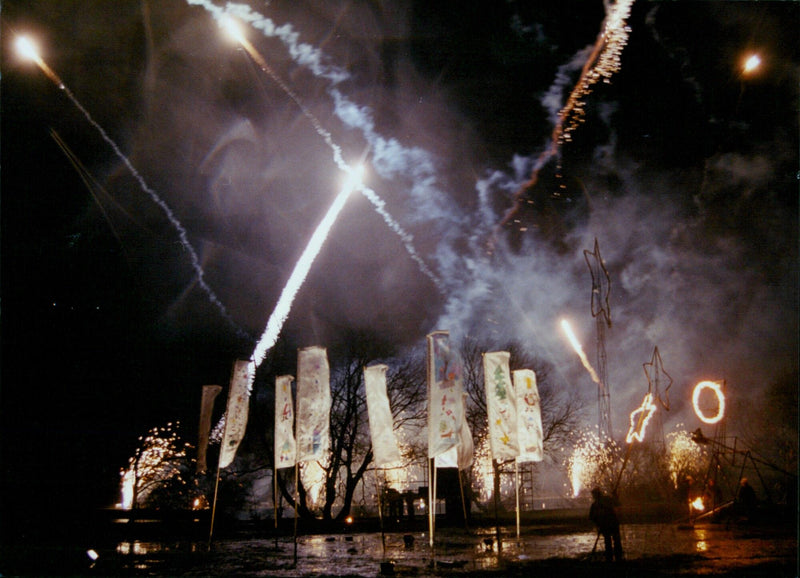 Fireworks light up the sky over Oxpens in Oxford on New Year's Eve. - Vintage Photograph