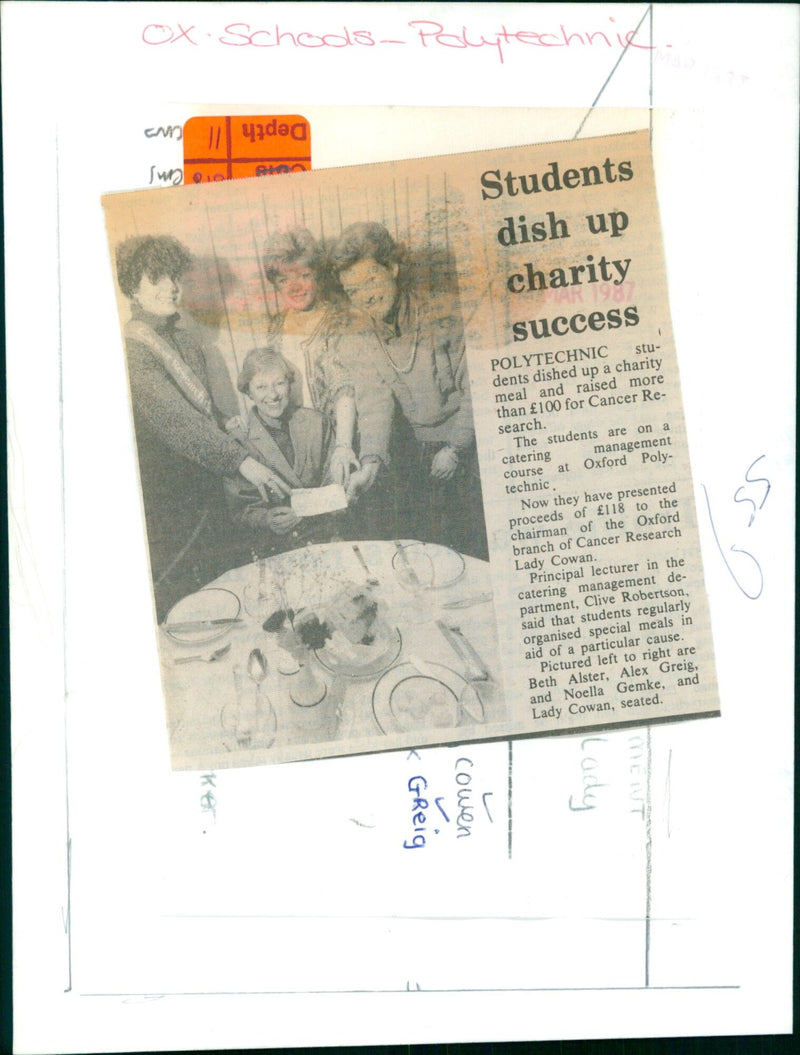 Oxford Polytechnic students present proceeds to Cancer Research Chairman Lady Cowan. - Vintage Photograph