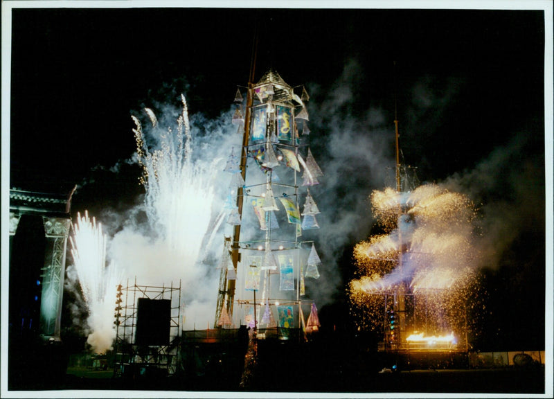 People enjoying a spectacular fireworks display in South Park, Oxford. - Vintage Photograph