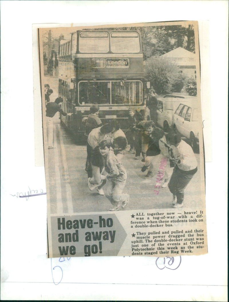 Oxford Polytechnic students pull a double-decker bus uphill during their Rag Week. - Vintage Photograph