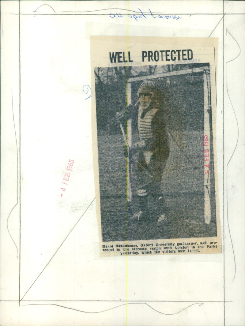 Oxford University goalkeeper David Ratte well protected during lacrosse match. - Vintage Photograph