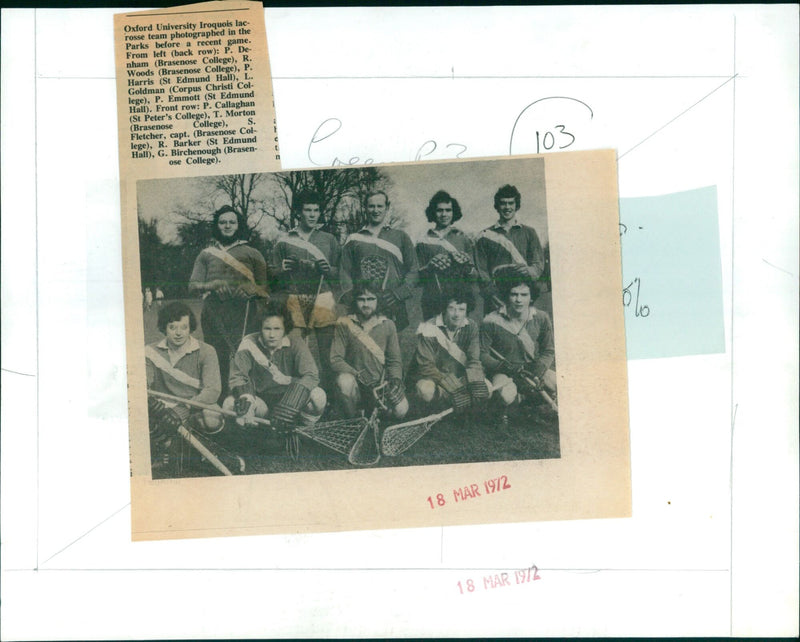 Oxford University's Iroquois lacrosse team poses for a photograph in the Parks. - Vintage Photograph