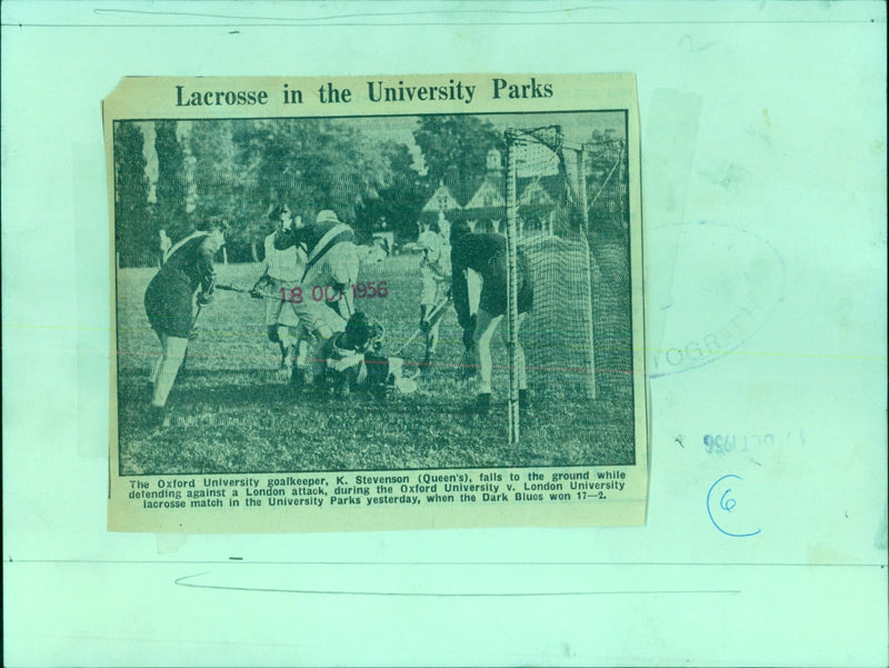 Oxford University goalkeeper K. Stevenson (Queen's) attempts to stop a London attack during a lacrosse match in the University Parks. - Vintage Photograph