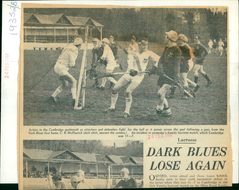 Action in the Cambridge goalmouth as attackers and defenders fight for the ball during yesterday's Varsity lacrosse match. - Vintage Photograph