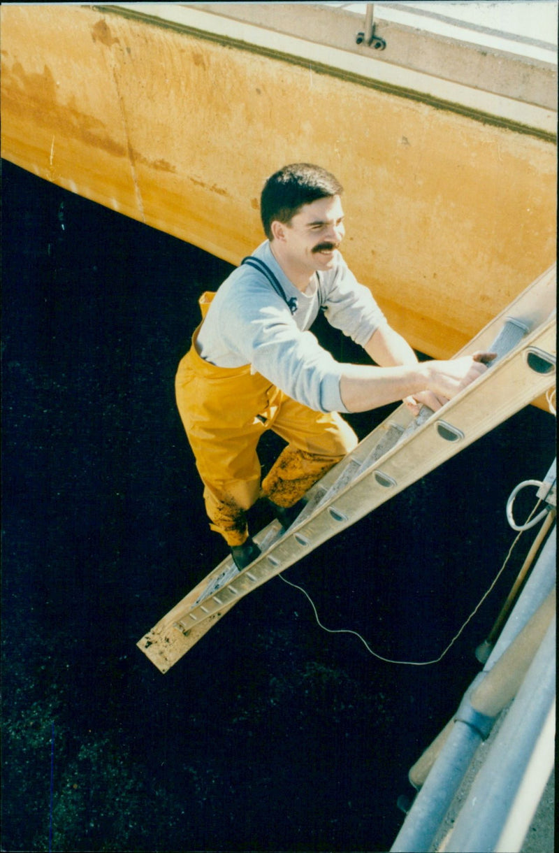 Assistant biologist Mark Butler taking water samples from Farmoor Reservoir. - Vintage Photograph