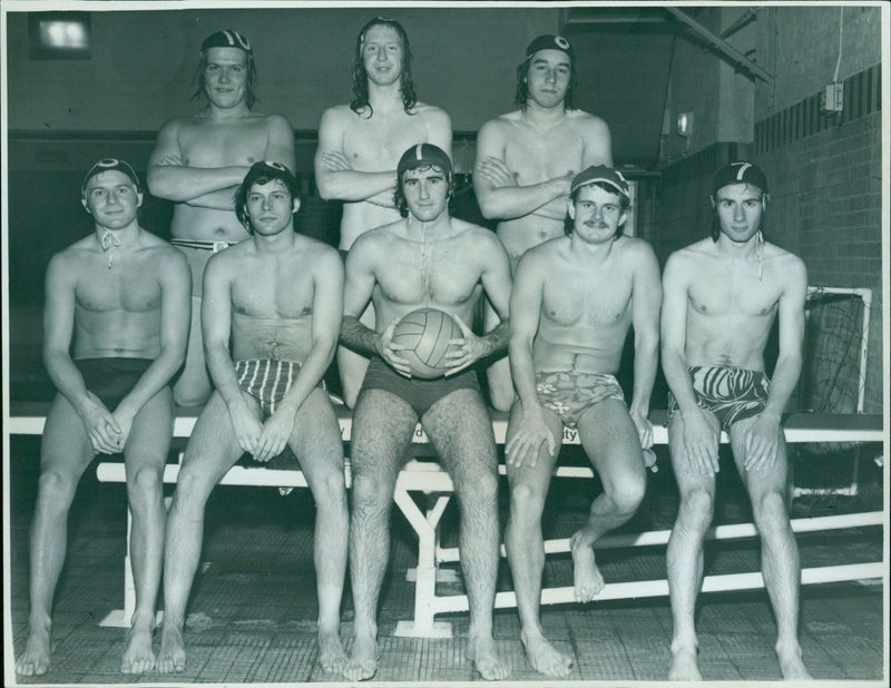 Oxford University water polo team photographed after a practice session at Temple Cowley Baths. - Vintage Photograph