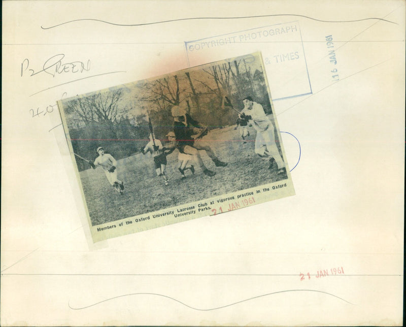 Members of the Oxford University Lacrosse Club practice in the Oxford University Parks. - Vintage Photograph