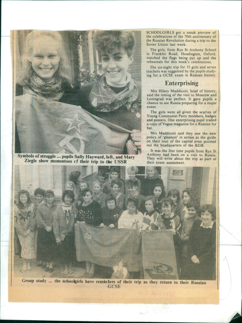 Two schoolgirls, Sally Hayward (left) and Mary Ziegle, show mementos of their trip to the Soviet Union. - Vintage Photograph