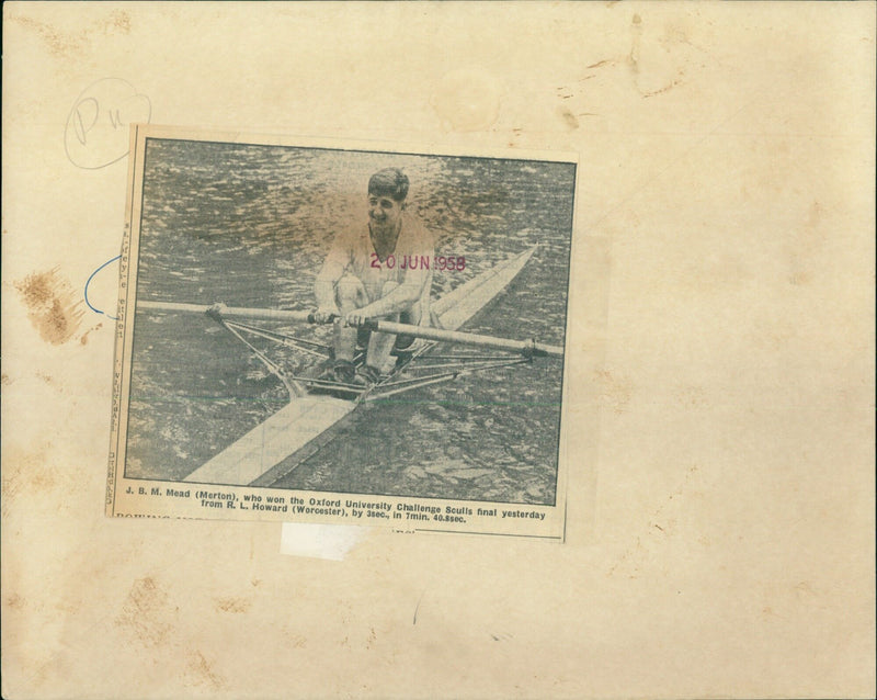 J.B.M. Mead of Merton College wins the Oxford University Challenge Sculls final. - Vintage Photograph