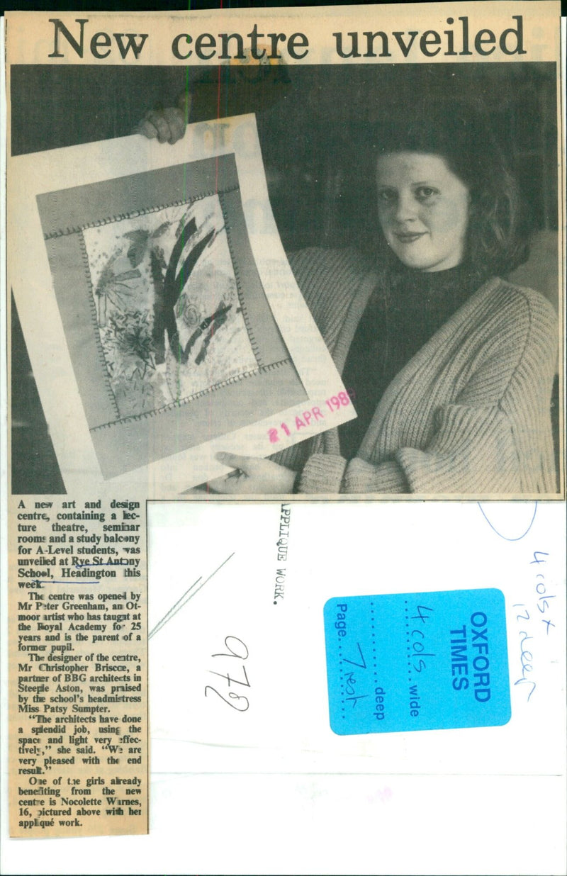 Nocolette Warnes, 16, poses with her applique work at the newly unveiled art and design centre at Rye St Antony School in Headington, UK. - Vintage Photograph