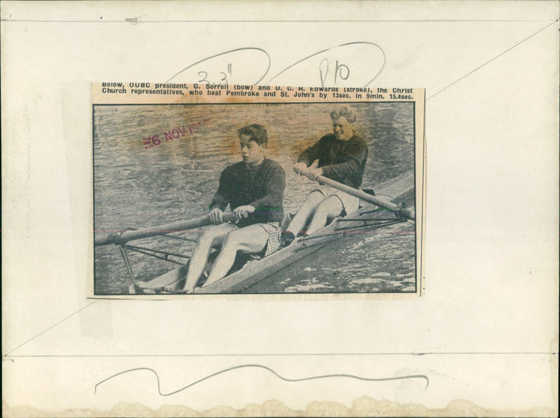 Oxford University Boat Club (OUBC) President G. Sorrell and Christ Church representative D.G.H. Tawaras at the 2020 Novies race. - Vintage Photograph