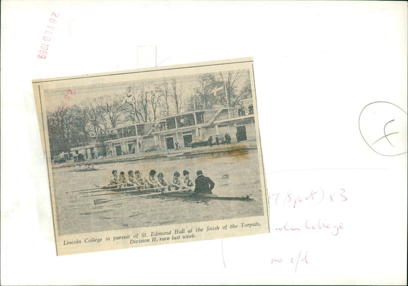 Lincoln College rowers finish a Torpids race against St. Edmund Hall. - Vintage Photograph