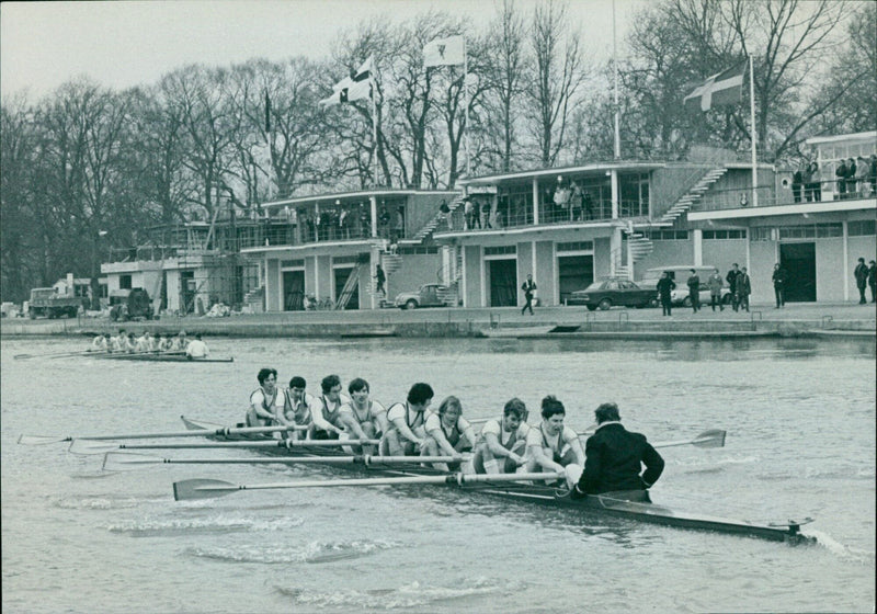 Lincoln College rowers finish a Torpids race against St. Edmund Hall. - Vintage Photograph