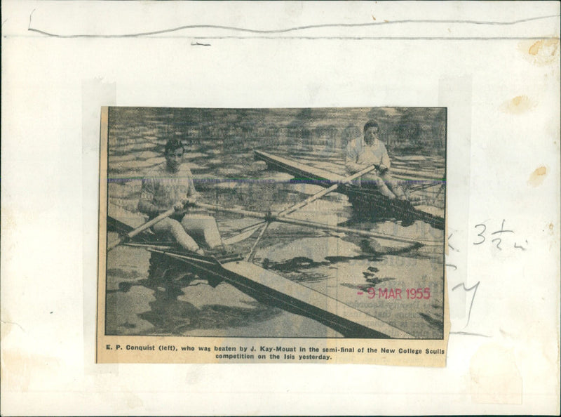 E. P. Conquist of New College reacts after being beaten in the semi-final of the sculls competition on the Isis. - Vintage Photograph