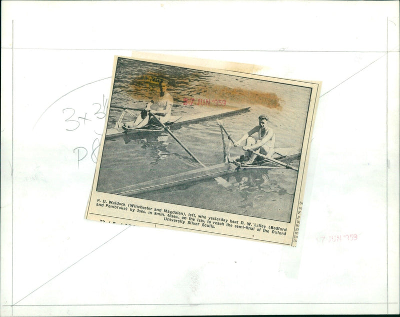 Two rowers compete during the Oxford Men's University Silver Sculls on the Isis. - Vintage Photograph