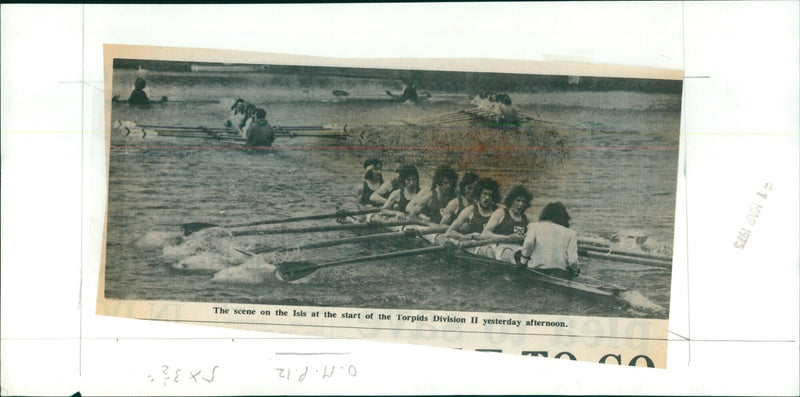 Rowers prepare for the start of the Torpids Division II race on the Isis river. - Vintage Photograph