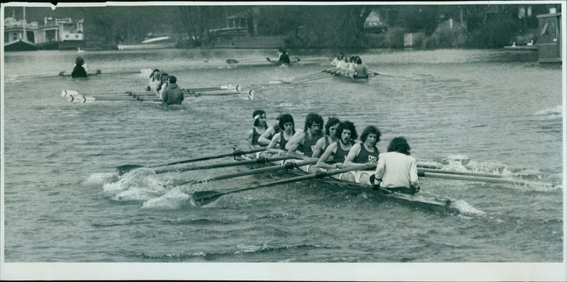 Rowers prepare for the start of the Torpids Division II race on the Isis river. - Vintage Photograph