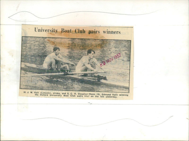 M. J. W. Hall (Lincoln) and S. C. H. Douglass-Mann (St. Edmund Hall) of 3x22 University Boat Club win pairs final on the Isis. - Vintage Photograph