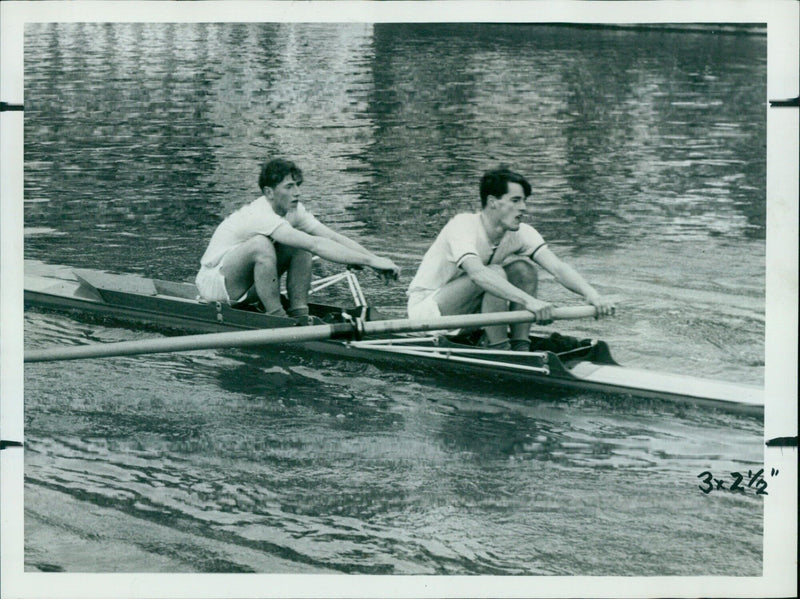 M. J. W. Hall (Lincoln) and S. C. H. Douglass-Mann (St. Edmund Hall) of 3x22 University Boat Club win pairs final on the Isis. - Vintage Photograph