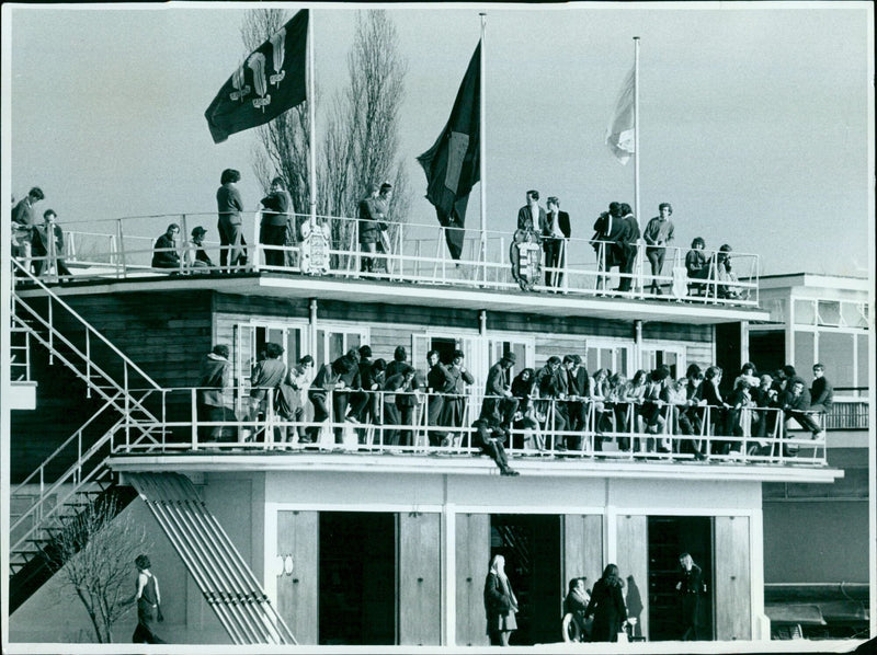 Torpids boat race on the River Thames attracts a crowd. - Vintage Photograph