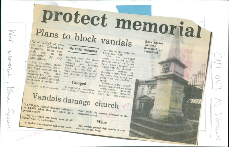 Vandals damage war memorial and parish church in Oxford, England. - Vintage Photograph