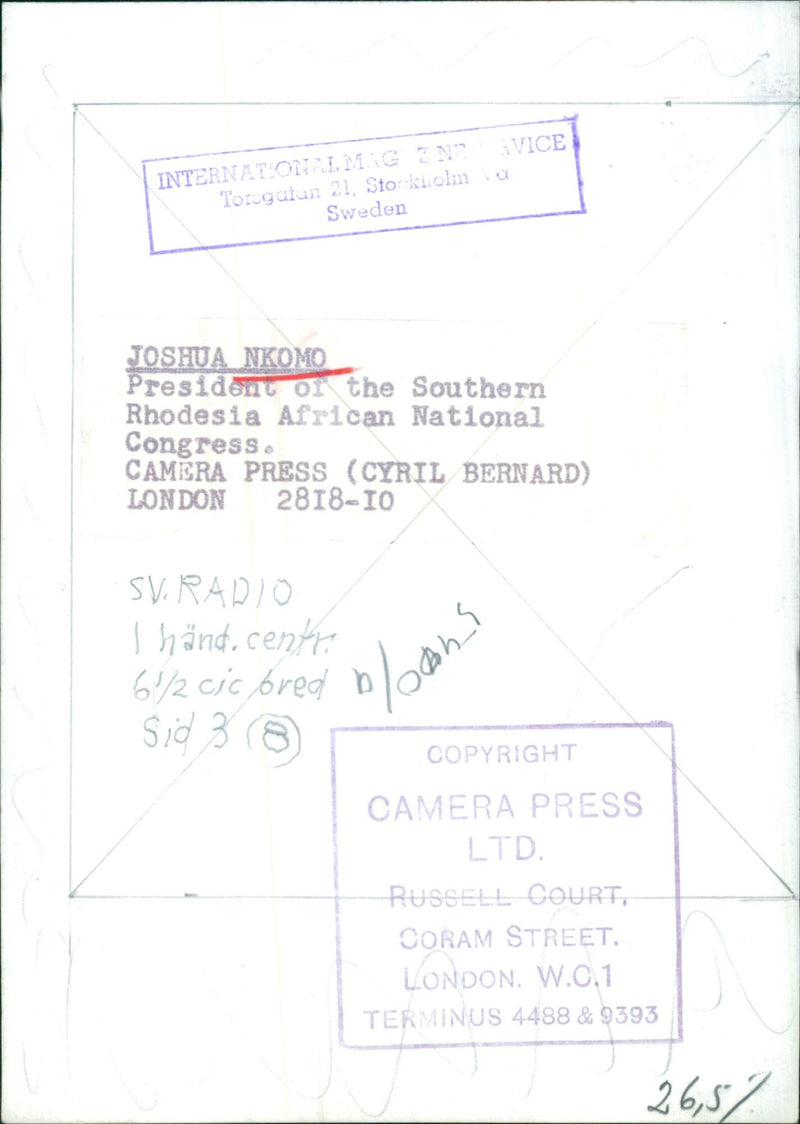 President Joshua Nkomo of the Southern Rhodesía African National Congress attends a meeting at the International Maig Zne in Stockholm, Sweden, on October 28, 1961. - Vintage Photograph