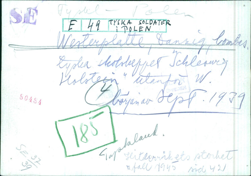 German troops pose with flags in front of Westerplatte Fansig in Schleswig-Holstein, Germany, on September 1939. - Vintage Photograph