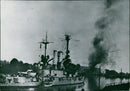 German troops pose with flags in front of Westerplatte Fansig in Schleswig-Holstein, Germany, on September 1939. - Vintage Photograph