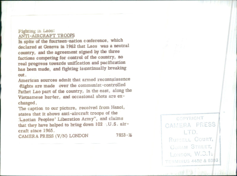 Anti-aircraft troops of the Laotian Peoples' Liberation Army are seen in Laos, where fighting continues despite the 1962 Geneva Agreement. - Vintage Photograph