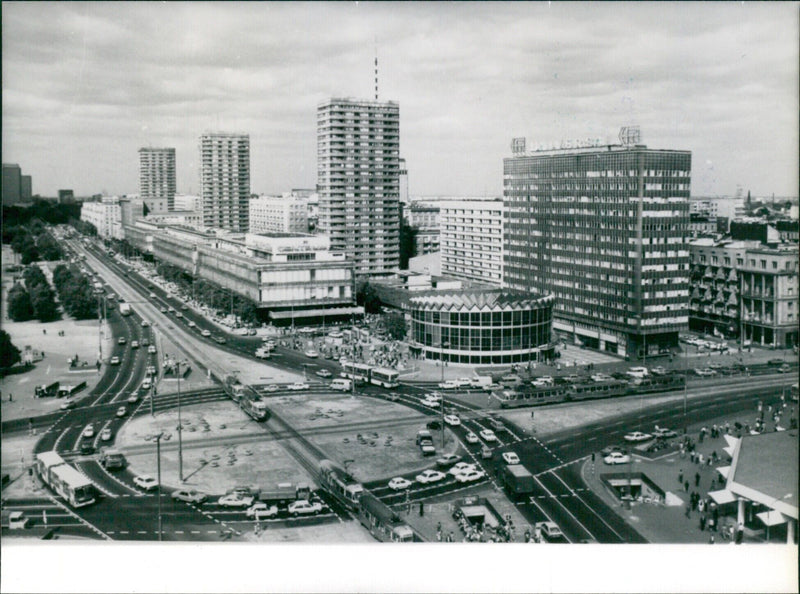 The modern city centre of Warsaw, Poland is seen from Marezalkowska Street and Jerozolimskie Avenue. The area houses commercial offices and apartment blocks. - Vintage Photograph
