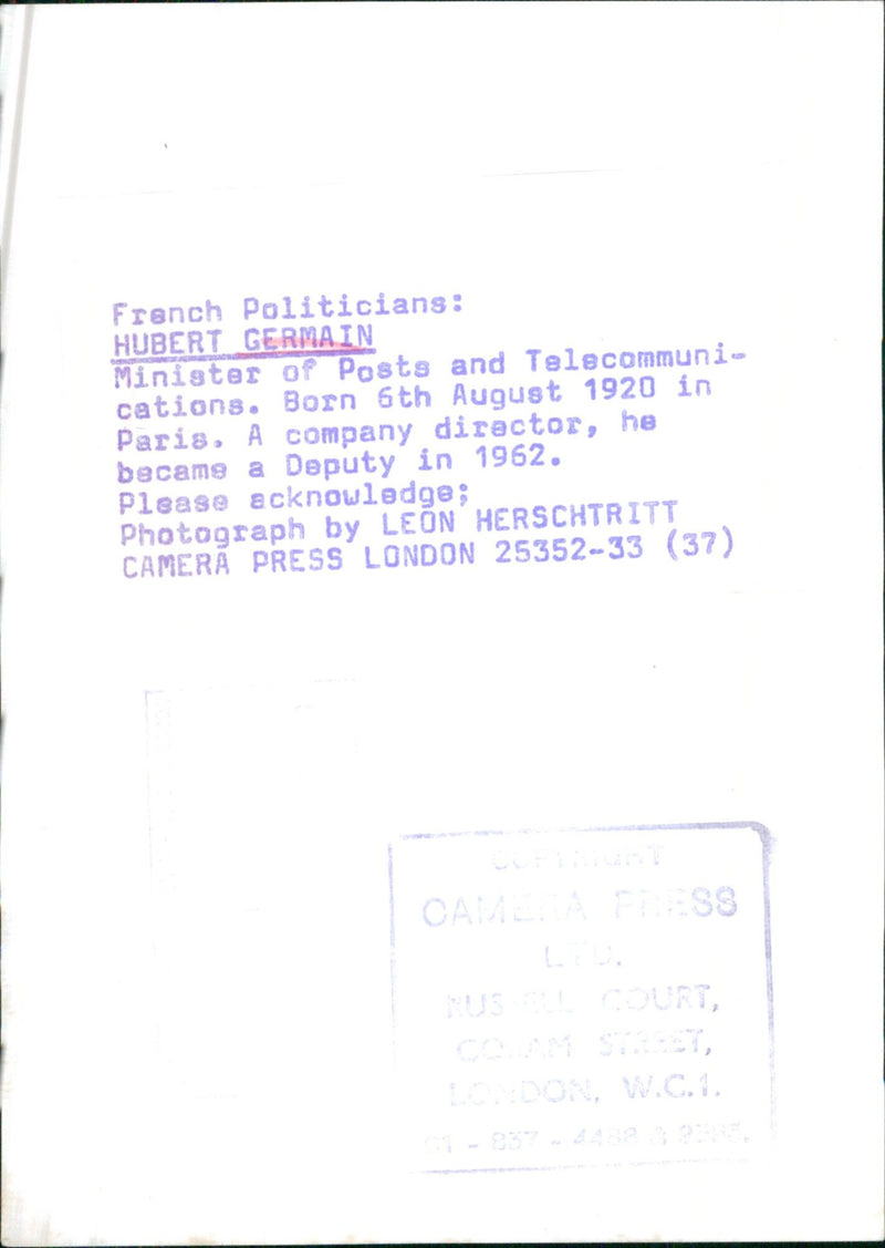 French Politician Hubert Germain, Minister of Posts and Telecommunications, attends a meeting in Paris on August 6, 2020.  Photo Credit: Leon Herschtritt/Camera Press/London. - Vintage Photograph